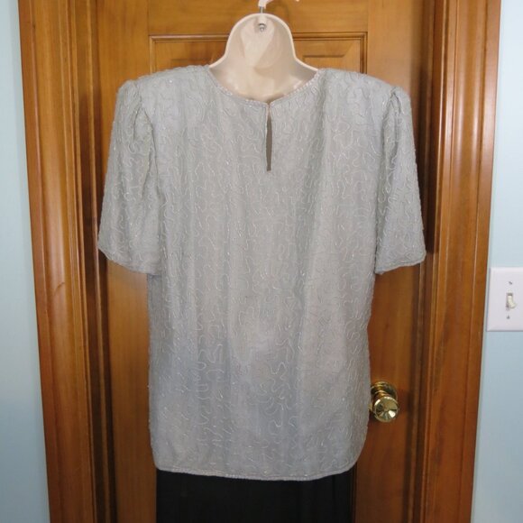 VTG Jakelin Beaded Grey Short Sleeve Top Silk Size XL - Picture 6 of 10